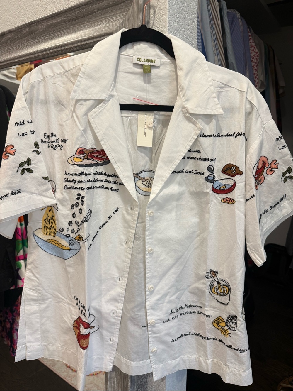 Anthropologie White Embroidered Short-Sleeve Shirt